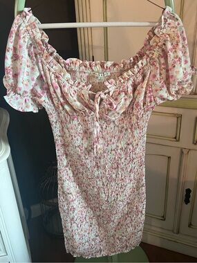 Haute Monde Pink Pastel Floral fitted Smocked Off-Shoulder Mini Dress